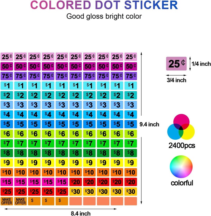 Darfukei Garage Sale Stickers, 2400 PCS 3/4 Inch*1/2 Inch Price Stickers for Yard Sales, Flea Markets, County Fairs & Retail Use, Pricemarker Labels, Colorful Price Tags - Image 2